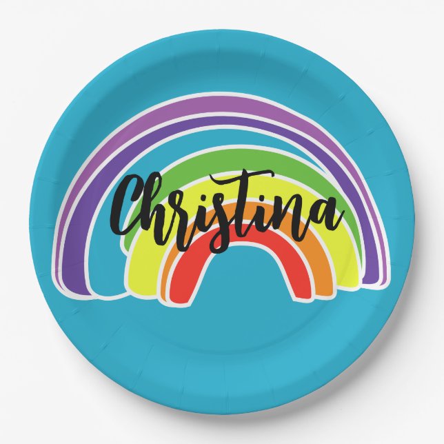 Assiettes En Carton Fête d'anniversaire à l'arc-en-ciel lumineux (Devant)