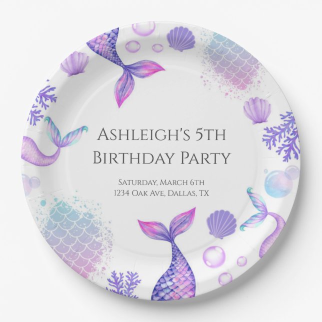 Assiettes En Carton Fête d'anniversaire à thème de sirène violet (Devant)