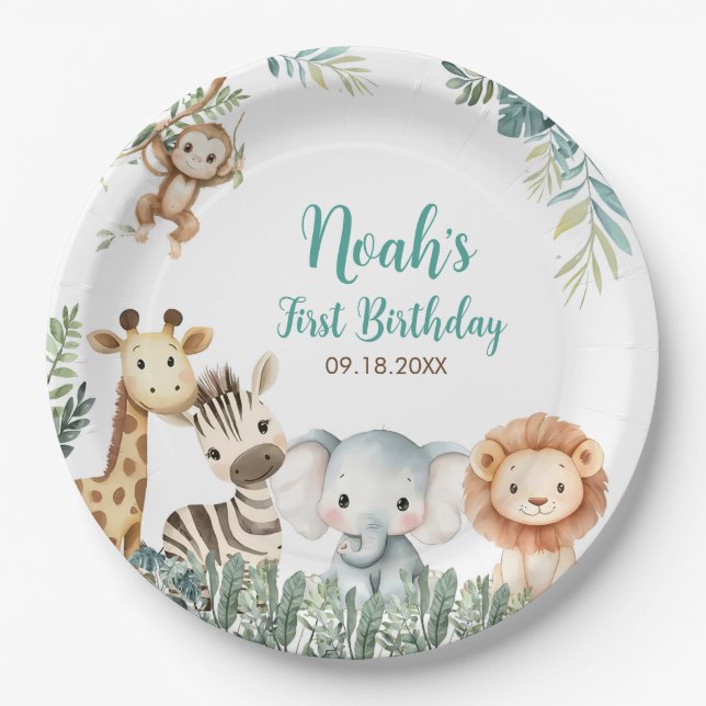 Assiettes En Carton Fête d'anniversaire Animaux Sauvages de Safari (Devant)