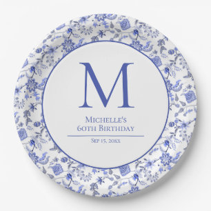 Assiettes En Carton Fête d'anniversaire Antique Monogramme Bleu Blanc