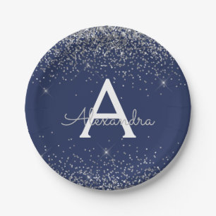 Assiettes En Carton Fête d'anniversaire avec monogramme paillettes ble
