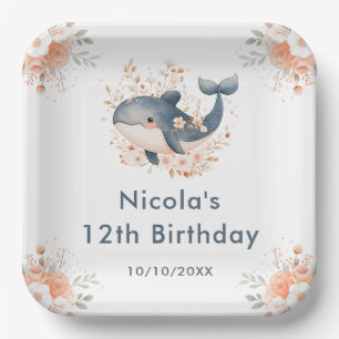 Assiettes En Carton Fête d'anniversaire baleine florale mignonne