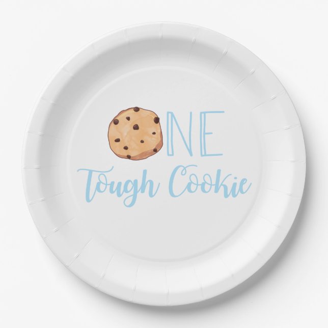 Assiettes En Carton Fête d'anniversaire bleue One Tough Cookie (Devant)