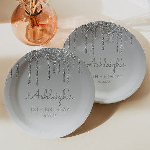 Assiettes En Carton Fête d'anniversaire chic pailletée argent 18 ans