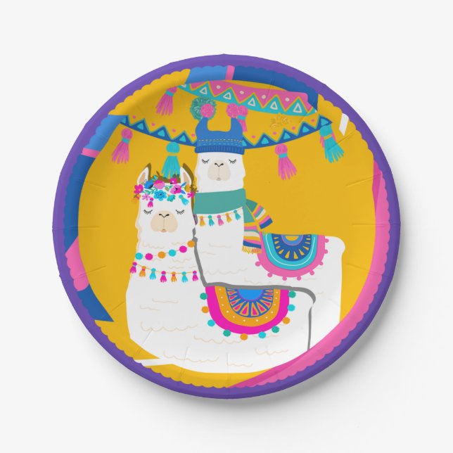 Assiettes En Carton Fête d'anniversaire colorée violet bleu jaune Llam (Devant)