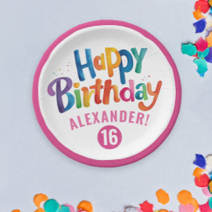 Assiettes En Carton Fête d'anniversaire couleur rose girly typo aquare