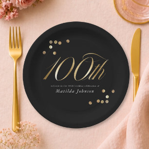 Assiettes En Carton Fête d'anniversaire de 100 ans élégante noire et o