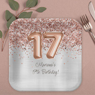 Assiettes En Carton Fête d'anniversaire de 17 ans Rose Gold Argent
