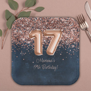 Assiettes En Carton Fête d'anniversaire de 17 ans Rose Gold Navy Blue