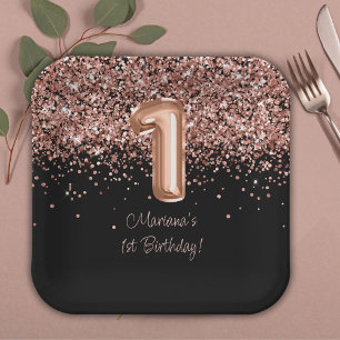 Assiettes En Carton Fête d'anniversaire de 1 an Rose Gold Noir