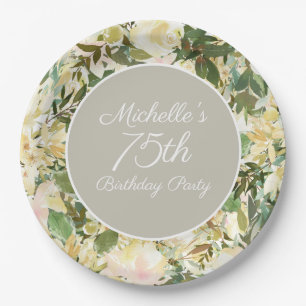Assiettes En Carton Fête d'anniversaire de 75 ans aux fleurs blanches