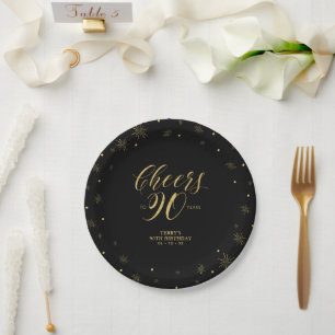 Assiettes En Carton Fête d'anniversaire de 90 ans Gold & Black Sparkle