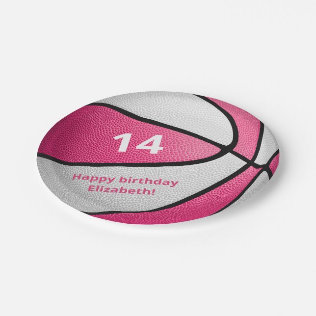 Assiettes En Carton fête d'anniversaire de basket-ball rose (Angle)