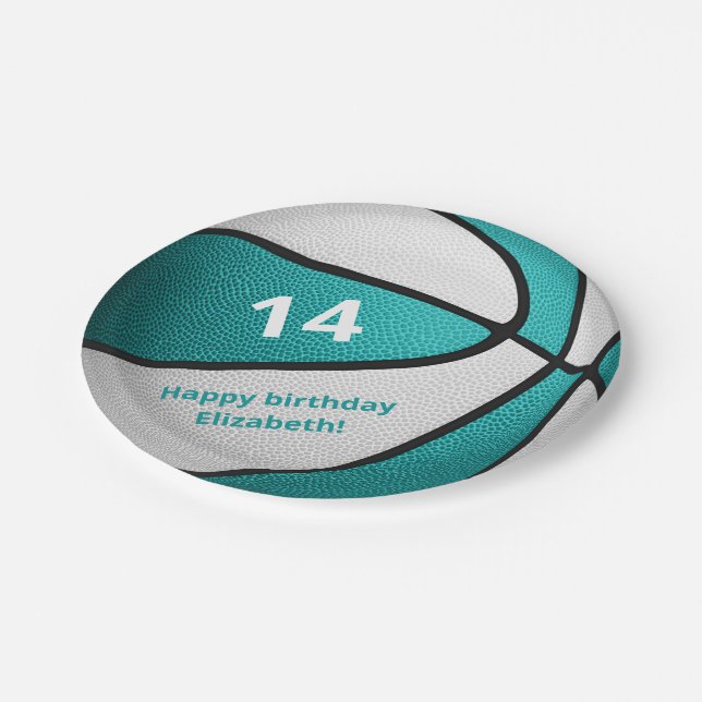 Assiettes En Carton fête d'anniversaire de basket blanc turquoise (Angle)