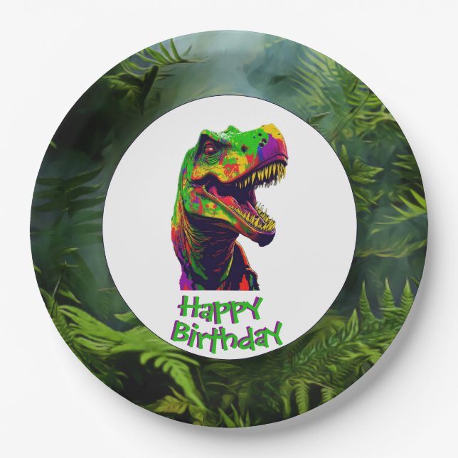 Assiettes En Carton Fête d'anniversaire de Dino-Mite (Devant)