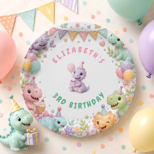 Assiettes En Carton Fête d'anniversaire de dinosaure rose mignon