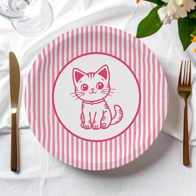 Assiettes En Carton Fête d'anniversaire de fille avec chaton de couleu (Créateur téléchargé)
