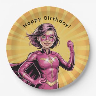 Assiettes En Carton Fête d'anniversaire de fille super-héroïne rose