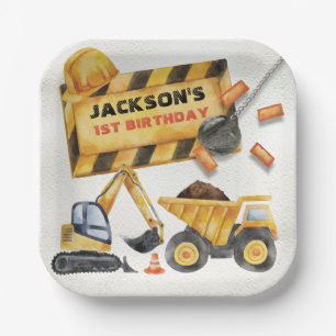 Assiettes En Carton Fête d'anniversaire de la construction de camions