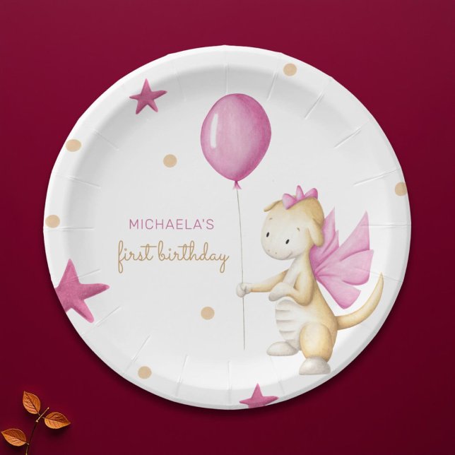 Assiettes En Carton Fête d'anniversaire de la fille Dragon rose (Créateur téléchargé)