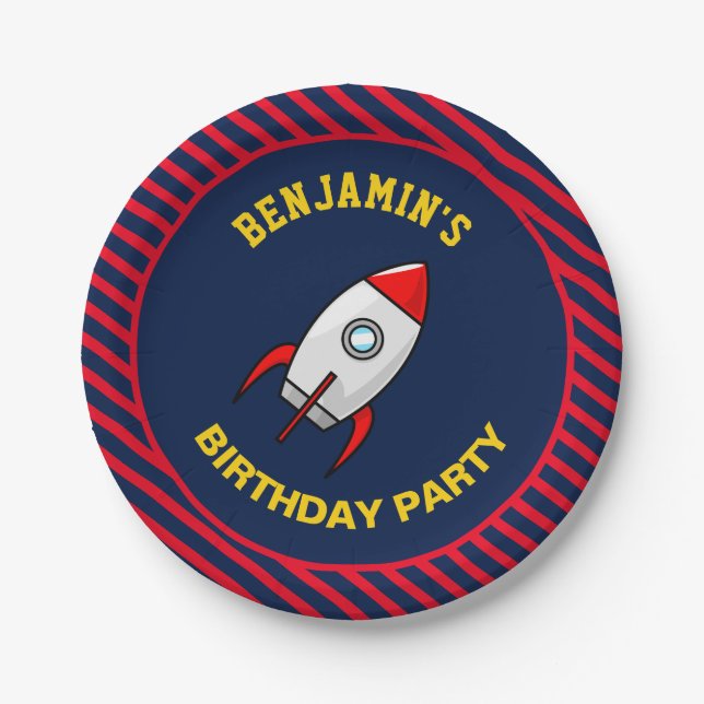 Assiettes En Carton Fête d'anniversaire de la fusée spatiale (Devant)