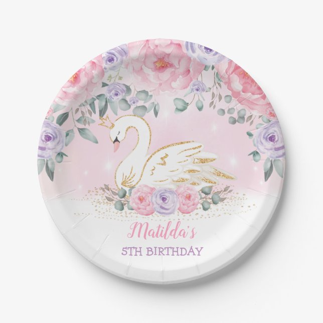 Assiettes En Carton Fête d'anniversaire de la princesse rose cygne (Devant)