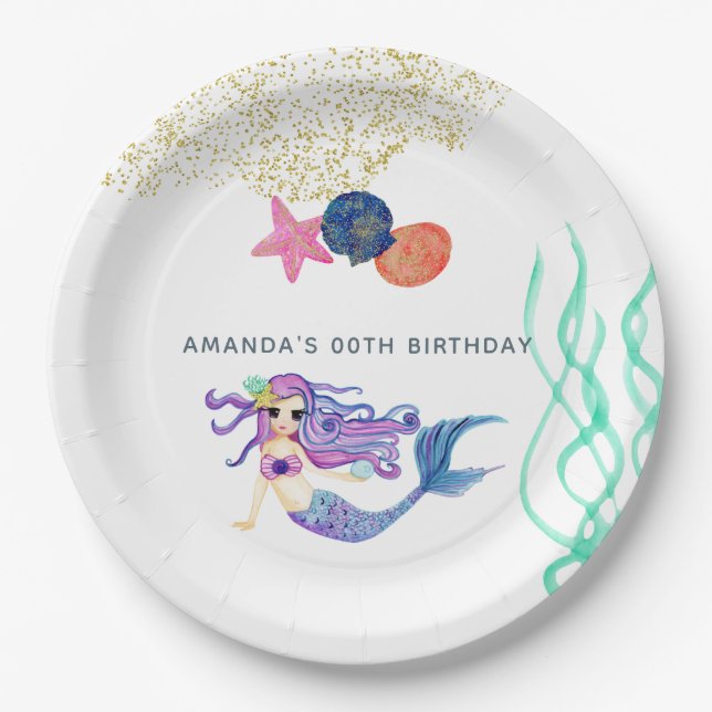 Assiettes En Carton Fête d'anniversaire de la sirène d'aquarelle (Devant)