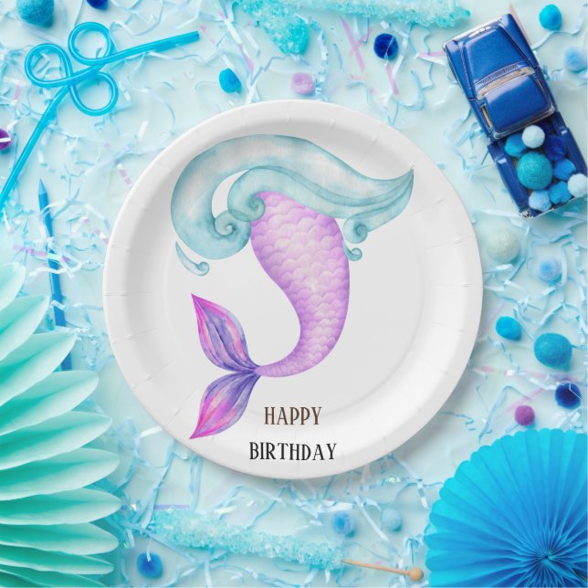 Assiettes En Carton Fête d'anniversaire de la sirène rose violet bleu (Fête)
