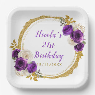 Assiettes En Carton Fête d'anniversaire de l'élégante fleur violet fon