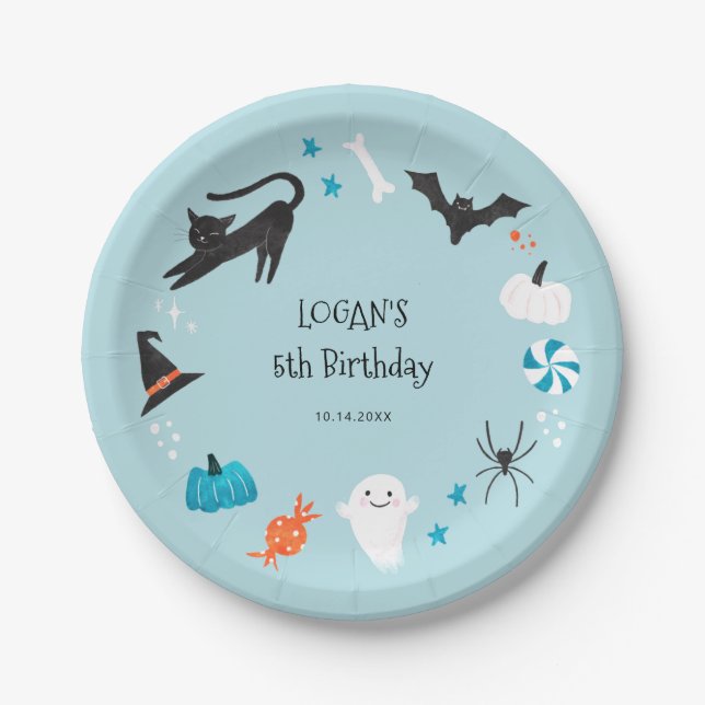 Assiettes En Carton Fête d'anniversaire de l'Halloween bleu (Devant)