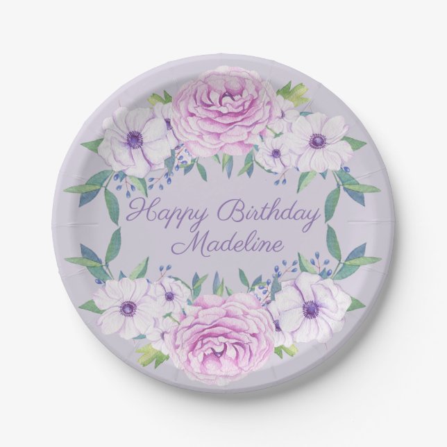 Assiettes En Carton Fête d'anniversaire de Lilac Floral Purple (Devant)