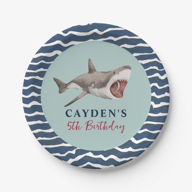 Assiettes En Carton Fête d'anniversaire de requins (Devant)