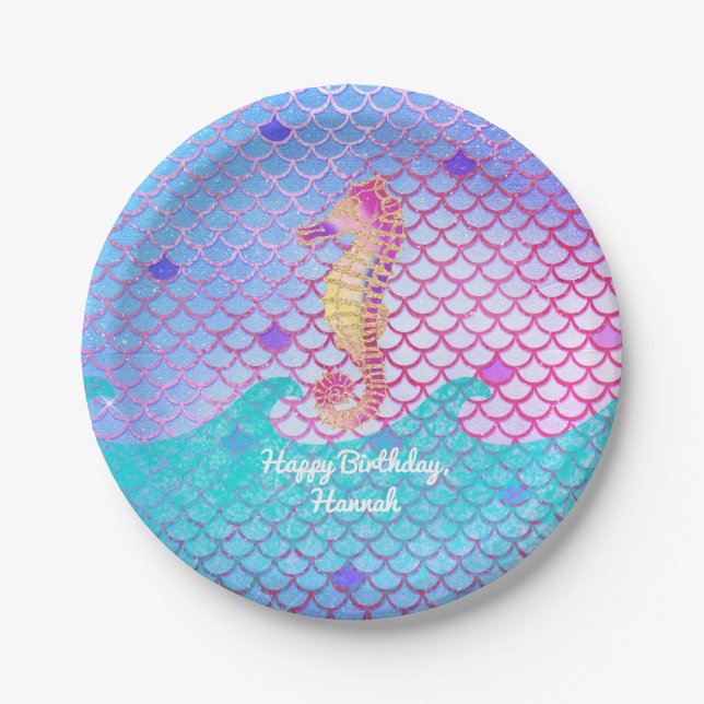 Assiettes En Carton Fête d'anniversaire de sirène d'hippocampe (Devant)