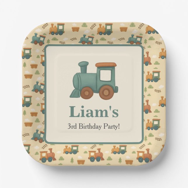 Assiettes En Carton Fête d'anniversaire de train personnalisée  (Recto)