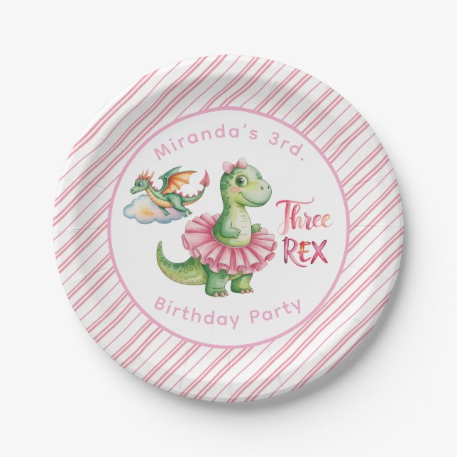 Assiettes En Carton Fête d'Anniversaire de Trois Rex Girl (Devant)