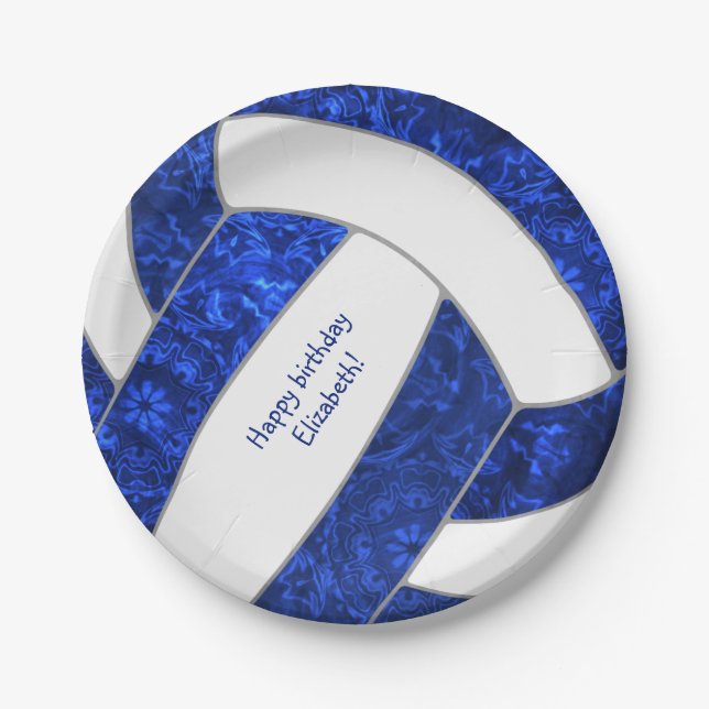 Assiettes En Carton fête d'anniversaire de volley-ball blanc bleu (Devant)