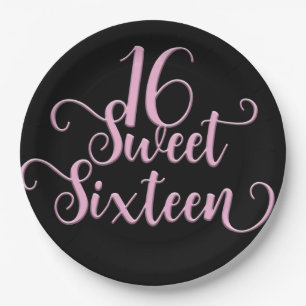 Assiettes En Carton Fête d'anniversaire des 16 ans Black & Pink