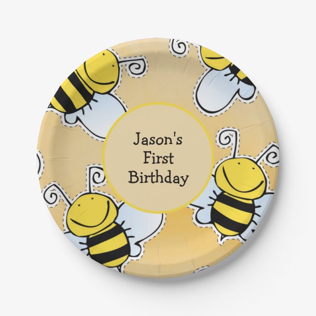 Assiettes En Carton Fête d'anniversaire des abeilles de miel souriante (Devant)