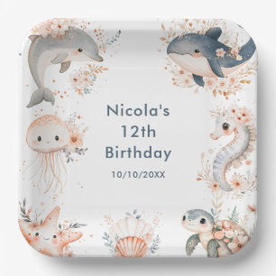 Assiettes En Carton Fête d'anniversaire des animaux sous la mer