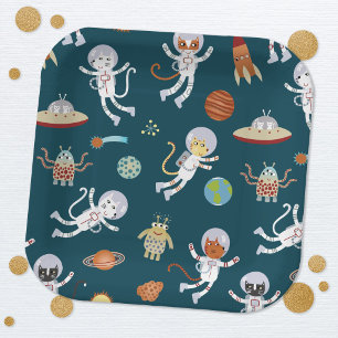 Assiettes En Carton Fête d'anniversaire des chats de l'espace amusant