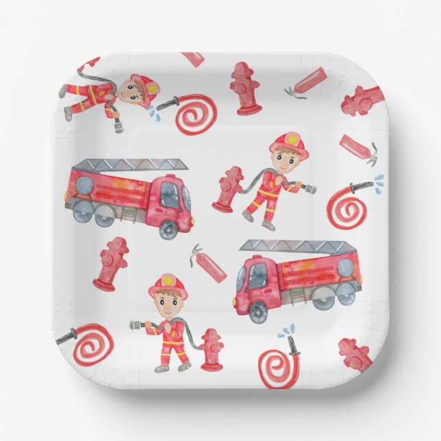 Assiettes En Carton Fête d'anniversaire des pompiers (Recto)
