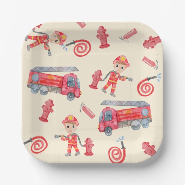Assiettes En Carton Fête d'anniversaire des pompiers (Recto)