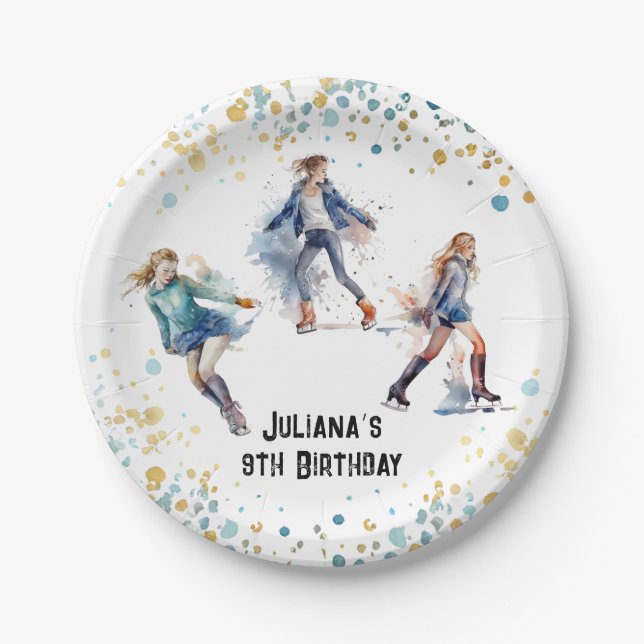 Assiettes En Carton Fête d'anniversaire d'hiver des filles de patinage (Devant)