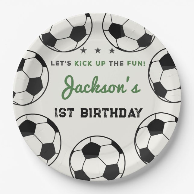 Assiettes En Carton Fête d'anniversaire du bal de football étoilé (Devant)