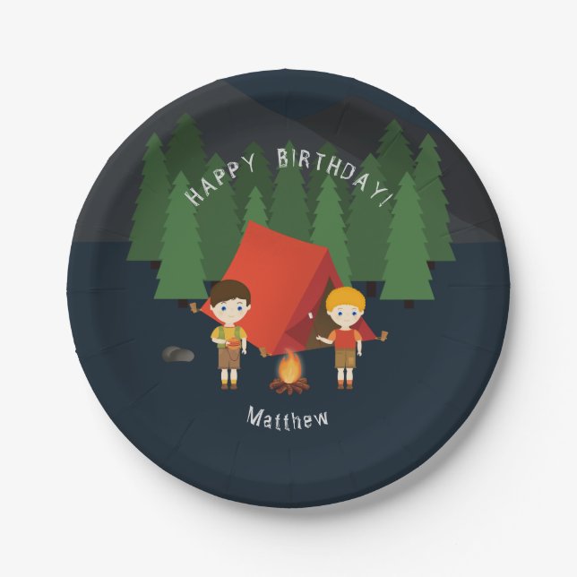 Assiettes En Carton Fête d'anniversaire du camping (Devant)