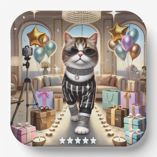 Assiettes En Carton Fête d'anniversaire du chat (Recto)