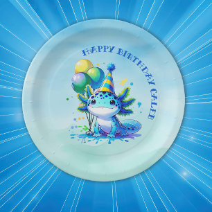 Assiettes En Carton Fête d'anniversaire du garçon Axolotl bleu et vert