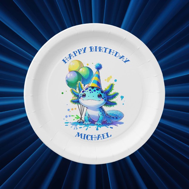 Assiettes En Carton Fête d'anniversaire du garçon Axolotl bleu et vert (Créateur téléchargé)