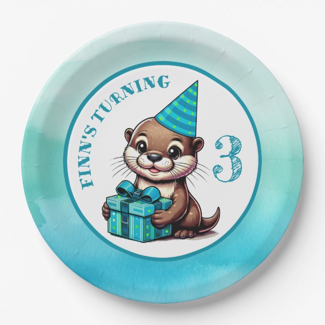 Assiettes En Carton Fête d'anniversaire du garçon Otter thème personna (Devant)