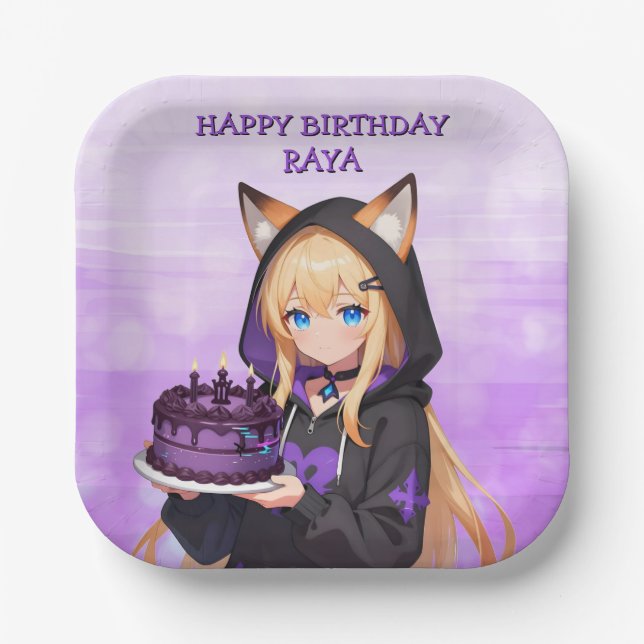 Assiettes En Carton Fête d'anniversaire d'une jolie fille d'anime (Recto)